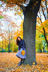 woman posing with autumn leaves in city park, outdoor portrait