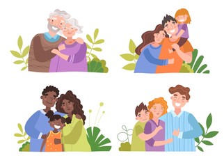 Medical insurance template, happy family concept. Illustrations of different families, parents with children and elderly couple, embracing together outside. Vector illustration