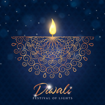 Happy diwali festival card gold indian diya candle
