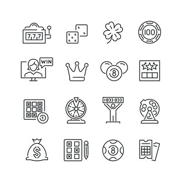 Lottery And Gambling Related Icons: Thin Vector Icon Set, Black And White Kit