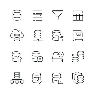 Database related icons: thin vector icon set, black and white kit
