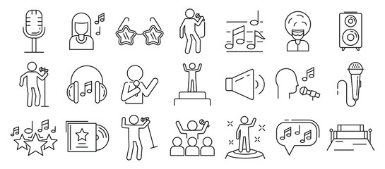 Singer icons set. Outline set of singer vector icons for web design isolated on white background