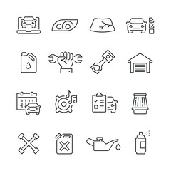 Car service related icons: thin vector icon set, black and white kit