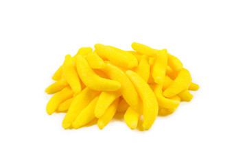 Juicy colorful jelly banana sweets isolated on white. Gummy candies.