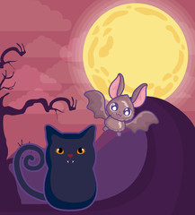 cute cat with bat flying on halloween scene