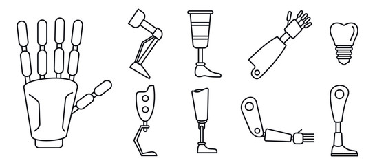 Bionic artificial limbs icons set. Outline set of bionic artificial limbs vector icons for web design isolated on white background