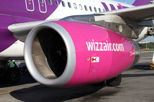 Wizzair Airbus A320 aircraft engine (model IAE V2500) on May 9, 2009 at Rome Ciampino Airport. International Aero Engines group in one of the largest aircraft engines manufacturers in the world.
