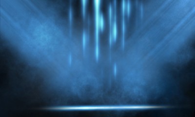 Wet asphalt, reflection of neon lights, a searchlight, smoke. Abstract light in a dark empty street with smoke, smog. Dark background scene of empty street, night view, night city.