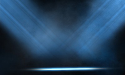 Wet asphalt, reflection of neon lights, a searchlight, smoke. Abstract light in a dark empty street with smoke, smog. Dark background scene of empty street, night view, night city.