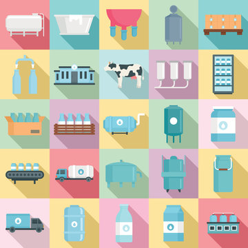 Milk factory icons set. Flat set of milk factory vector icons for web design