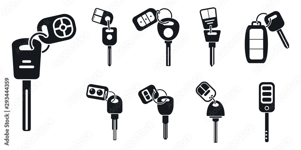 Poster car alarm system key icons set. simple set of car alarm system key vector icons for web design on wh