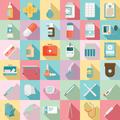 First medical aid icons set. Flat set of first medical aid vector icons for web design