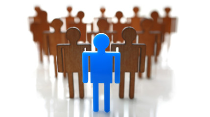 Male blue plastic toy businessman silhouette wooden crowd figure background closeup. Manipulate...