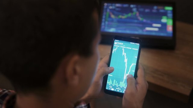 Block-chain, trading online, Cryptocurrency trend graph. Man touching screen, browse foreign exchange market data, chart. Forex. Crypto currency. Bitcoin cryptocurrency. Candle graph. investment