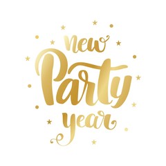 Vector golden text on white background. Happy New Year Party lettering for invitation and greeting card, prints and posters. Hand drawn inscription, calligraphic design