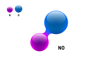 Chemistry model molecule nitrogen oxide NO scientific element. Integrated particles natural inorganic 3d nitric oxygen monoxide molecular structure consisting. Two volume atom vector spheres - obrazy, fototapety, plakaty