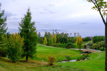 Autumn landscape. Hills with green lawn and ornamental shrubs and trees with a bridge over the creek against the evening sky. It's a beautiful park.