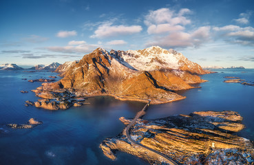 Lofoten islands, Norway. Aerial landscape with mountains, islands and ocean. Natural landscape from air. Norway travel - image