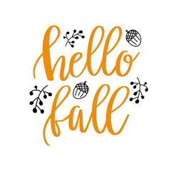 Hello fall hand lettering phrase on orange watercolor maple leaf background - 293446706