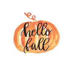 Hello fall hand lettering phrase on orange watercolor maple leaf background © Maria Cherevan