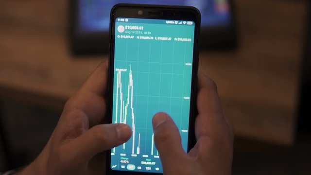 Block-chain, trading online, Cryptocurrency trend graph. Close-up Man touching screen, browse foreign exchange data, chart. Forex. Crypto currency. Bitcoin cryptocurrency. Candle graph. investment