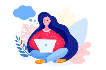 Freelancer young woman working on laptop. Outsourcing business concept with girl, computer, leaves and speech bubble. Flat vector illustration for web landing page. Modern design.