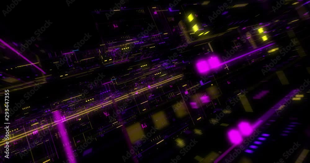 Poster seamless fly through of abstract circuitry with digital grid background, data deep learning computer