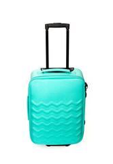 Bright turquoise travel suitcase isolated on white background