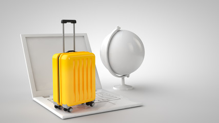 Obraz premium 3d illustration Suitcase on the keyboard of a latop and globe. Travel and journey concepts