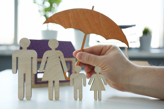 Male insurance agent hold hands gesture umbrella above silhouette human. Line together happiness is joy flat outline plan design contract day concept