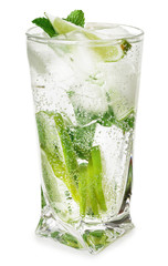 Glass of fresh mojito on white background