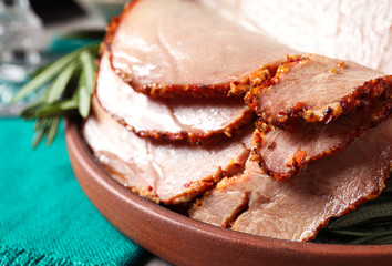 Delicious Christmas ham served on table, closeup