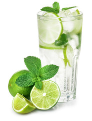 Glass of fresh mojito on white background