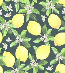 Seamless citrus vector pattern. Exotic background. Hand drawn illustration with lemons. Tropical fruit wallpaper.