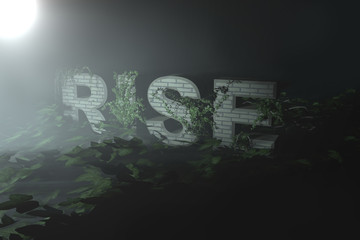 sun rise business dark background of ivy overgrown stone letters the inscription on the rise. concept business 3D illustration