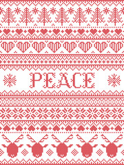Peace Christmas vector pattern with Scandinavian Nordic festive winter pastern in cross stitch with heart, snowflake,  Christmas tree, reindeer, forest, star, in white,red