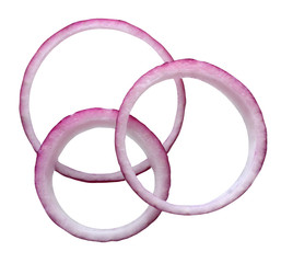 red onion rings isolated on white background.