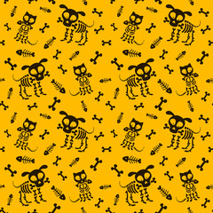 Halloween seamless pattern. Funny skeleton, skull and bones. Vector pattern with dog skeleton and cat skeleton on a black background
