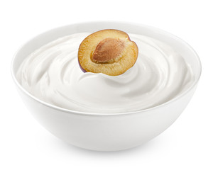 plum with sour cream, yogurt, isolated on white background, clipping path, full depth of field