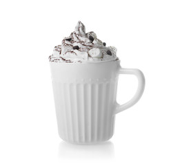 Cup of coffee with whipped cream on white background