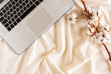 Laptop and Branch of cotton flower on a beige cloth