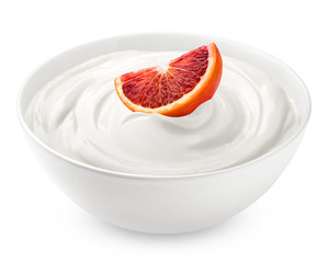 red blood orange with sour cream, yogurt, isolated on white background, clipping path, full depth...