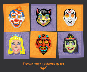 Set of vintage style halloween masks. Design elements for posters, stickers, greeting cards. Vector Illustration.