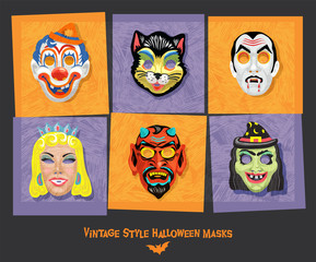 Set of vintage style halloween masks. Design elements for posters, stickers, greeting cards. Vector Illustration. © TeddyandMia