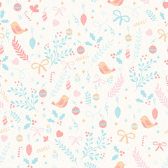 Holiday seamless vector pattern with leaves, flowers, snowflakes, stars and cute birds in gentle colors for Christmas designs, backgrounds and wrapping paper