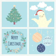 Merry Christmas greeting card set with xmas tree, cute llama or alpaca. Vector illustration