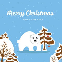 white cartoon bear next to Christmas tree. Lettering Merry Christmas and Happy New Year. cute christmas card