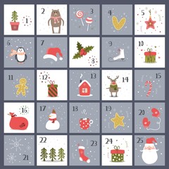 Merry Christmas and Happy new year illustration fo advent calendar. Cute winter vector illustration.