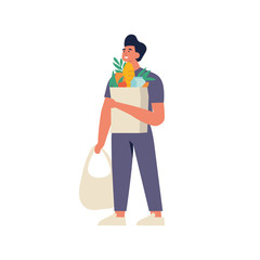 Vector illustration young man are carrying eco bags with purchases. Caring for the environment. Eco grocery shopping.