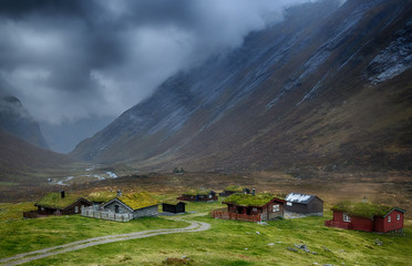 Landscape of old village in mountains - Norway